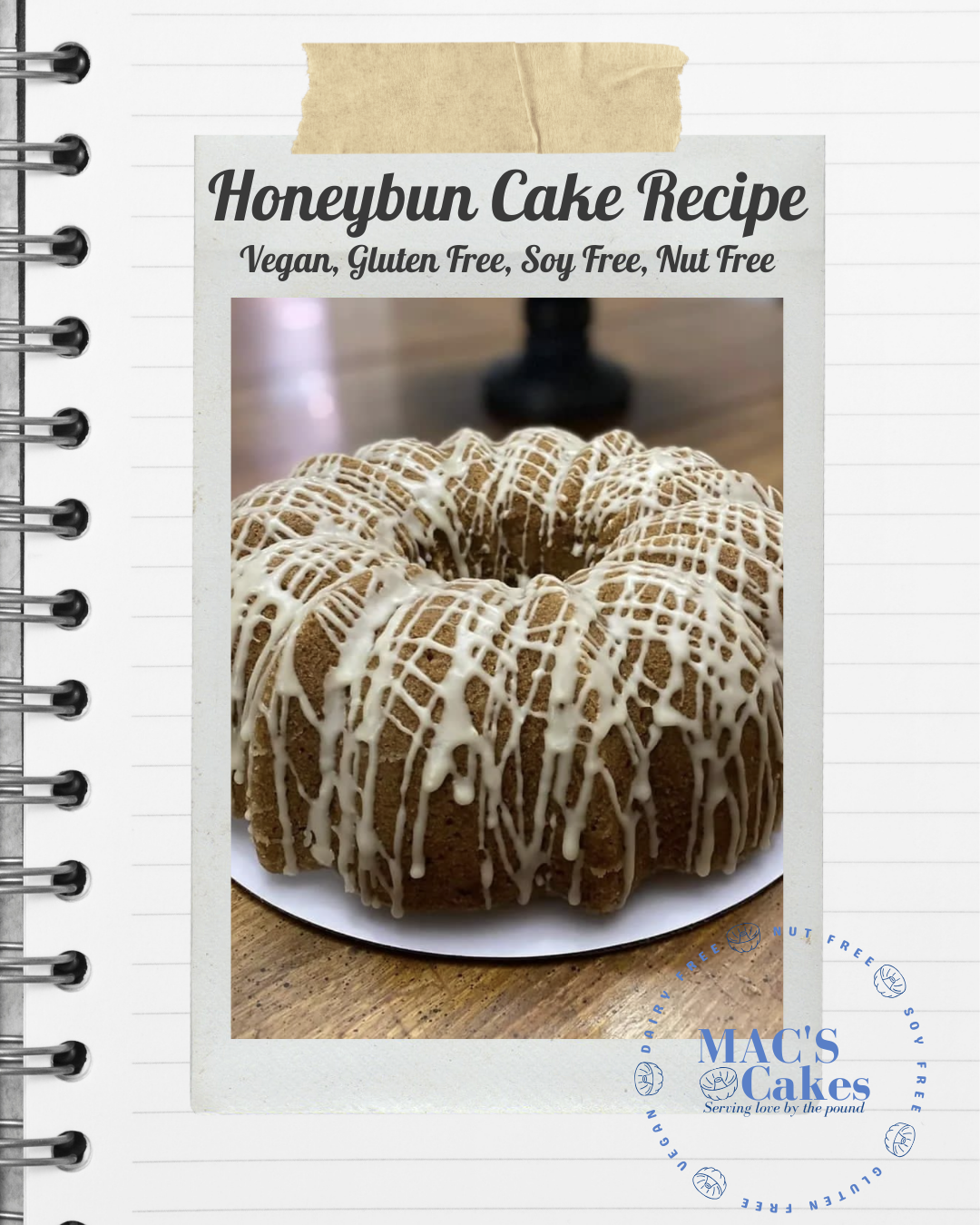Honeybun cake with icing on a plate, surrounded by a recipe book titled 'Honeybun Cake Recipe' by MAC'S Cakes.

